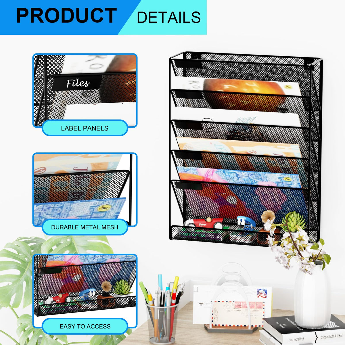 GDINDINFAN Wall File Organizer Holder Mesh Hanging Paper Document Holder,Vertical 6 Pocket Tier for