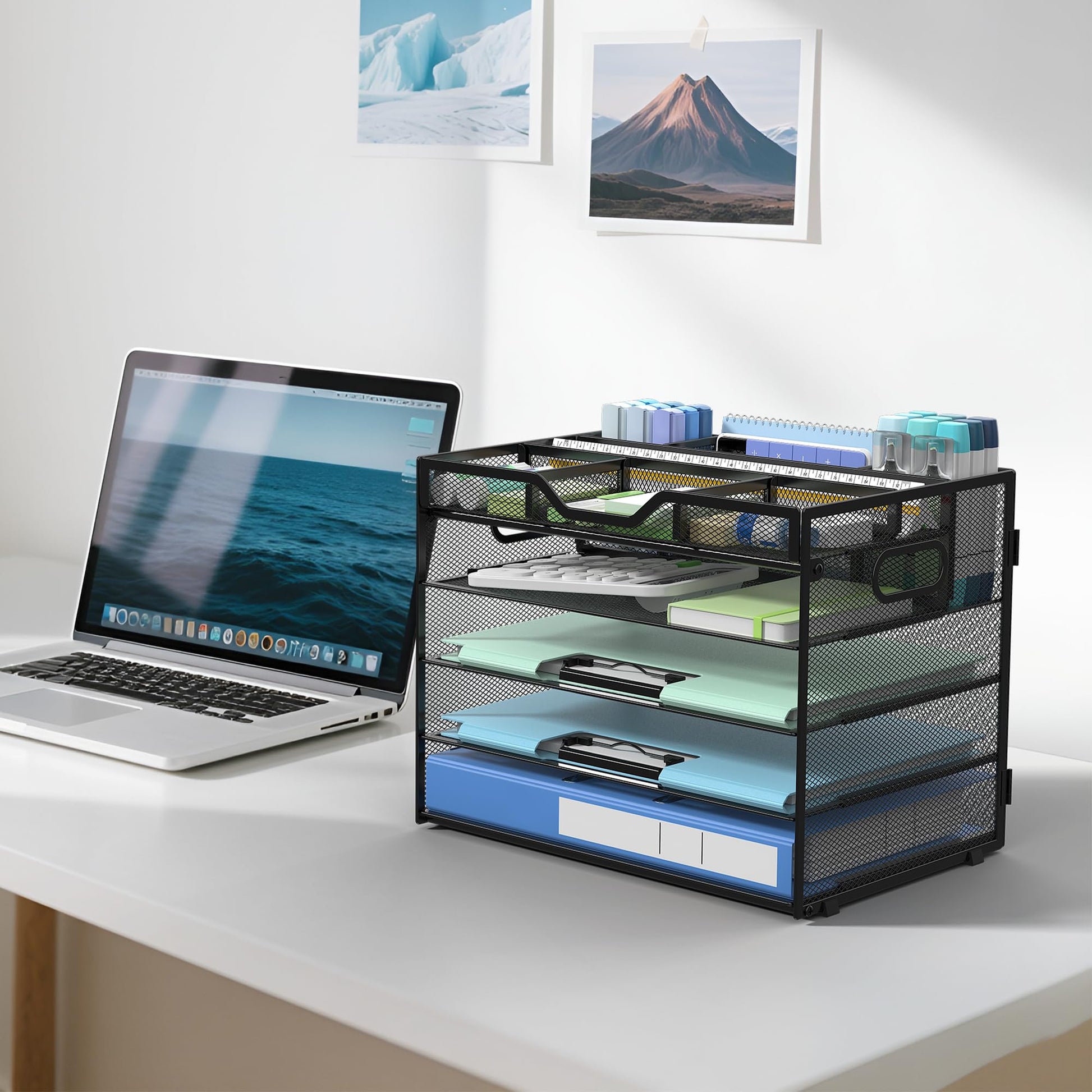 Docnest 5 Tier Mesh Desk Organizer with Removable Tray&Pen Holder, Black