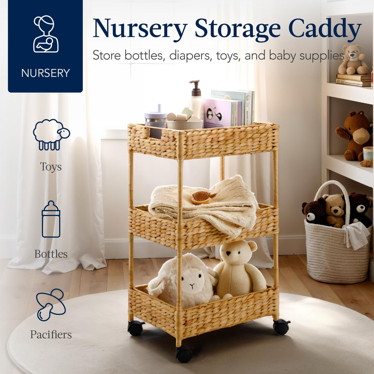 Best Choice Products 3-Tier Water Hyacinth Rolling Nursery Caddy w/Wheels, Utility Cart, Storage