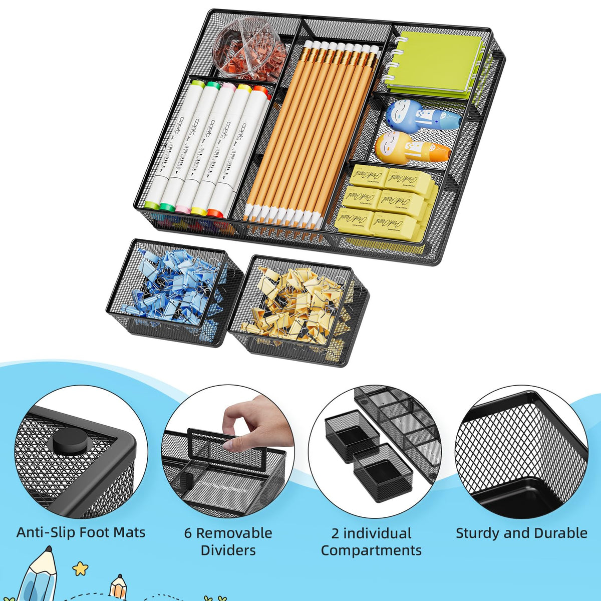 Marbrasse 3 Packs Desk Drawer Organizers, Metal Mesh Dividers Desk Drawer Organizer Tray with 9