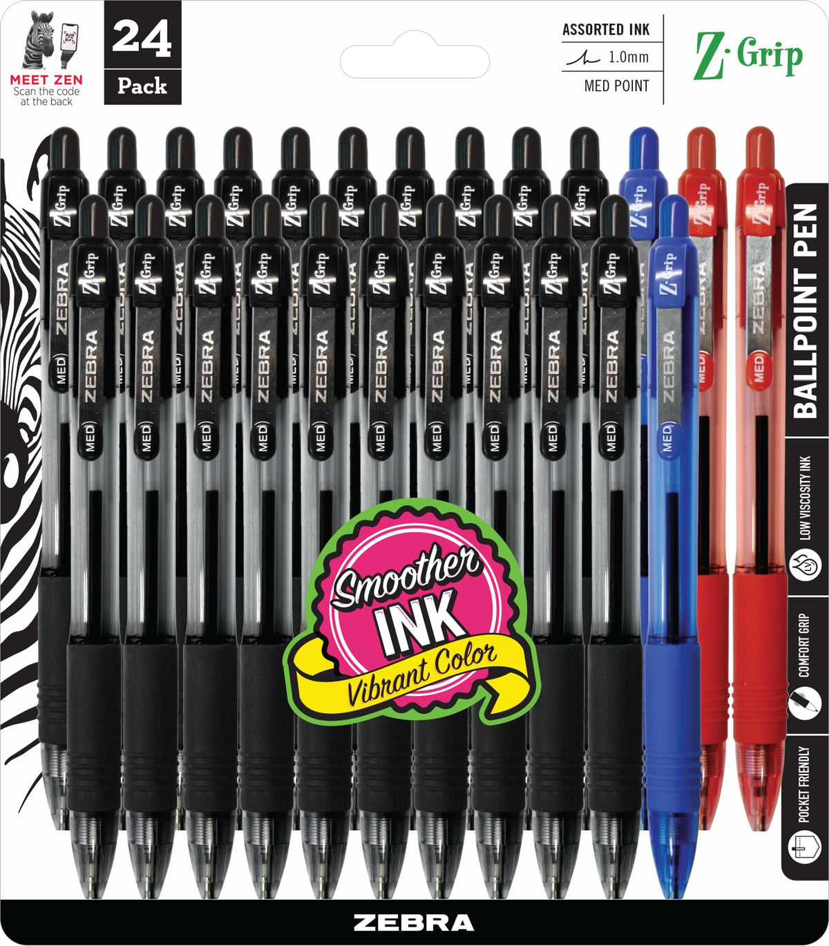Zebra Pen Z-Grip Retractable Ballpoint Pen, Medium Point, 1.0 mm, 20 Black, 2 Blue, & 2 Red - Pack