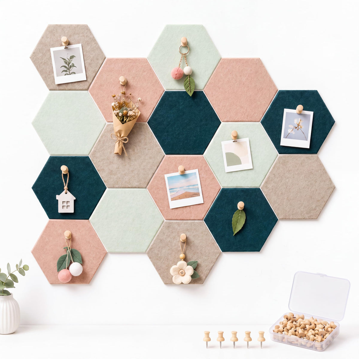 6.7 x 5.9 in 16 Pcs Hexagon Cork Board Tiles, Felt Pin Boards, Green