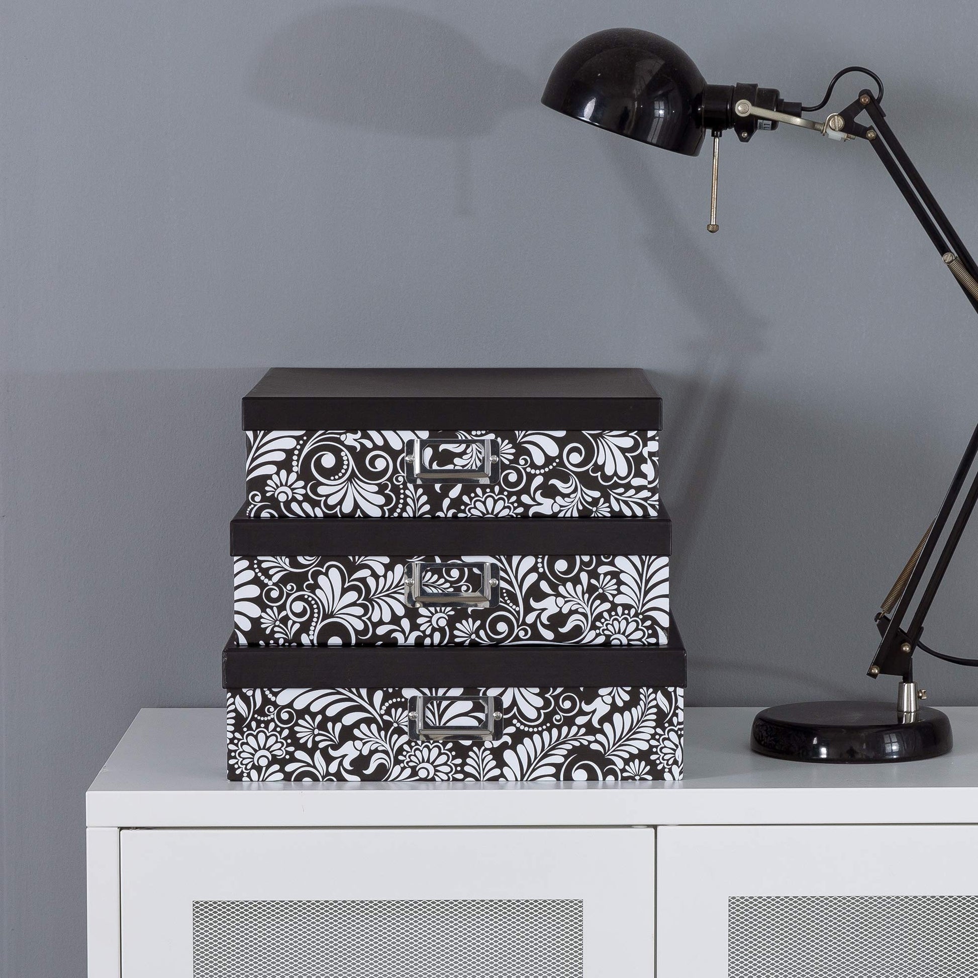 Soul & Lane - Black and White Floral Storage Boxes with Lids, Set of 3