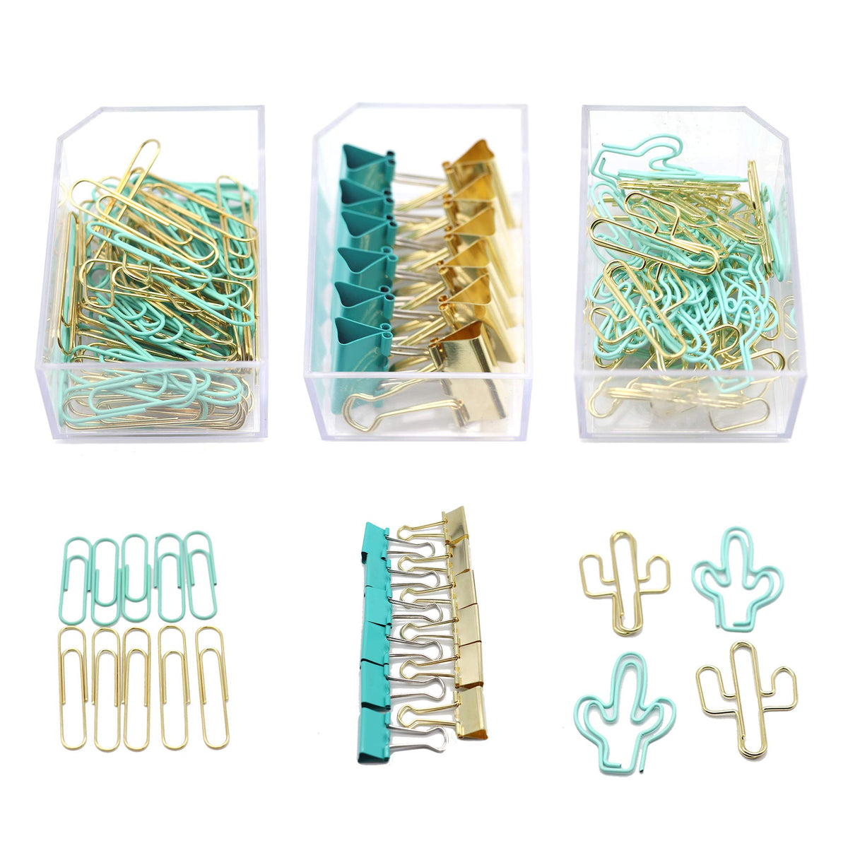 Gold Blue Binder Clips and Paper Clips Set (3-in-1 Boxed), for Office School Supplies Teachers