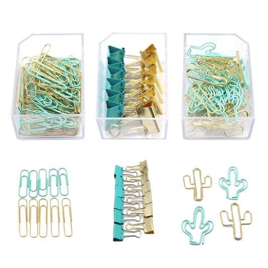 Gold Blue Binder Clips and Paper Clips Set (3-in-1 Boxed), for Office School Supplies Teachers