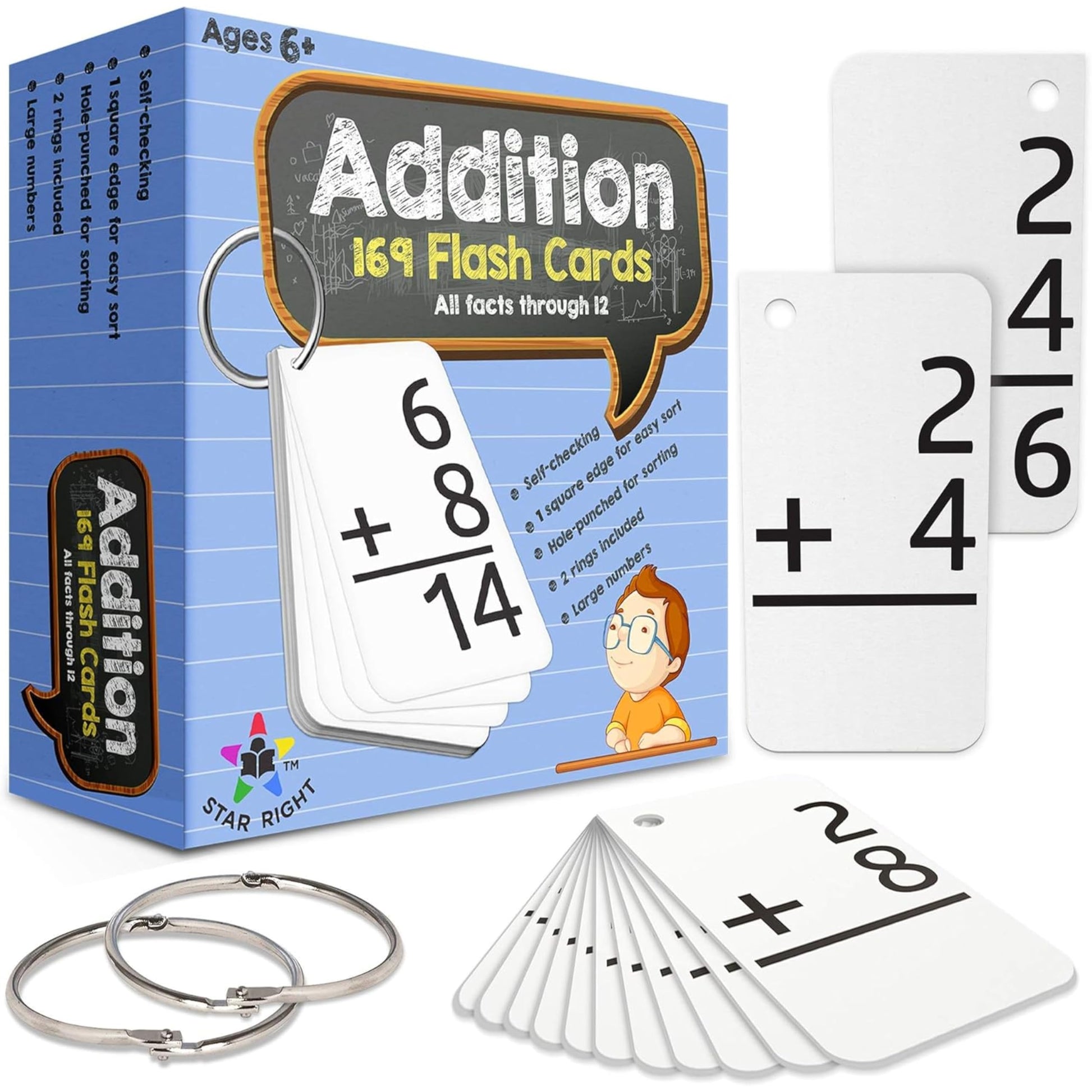 Star Right Addition Flash Cards - 169 Math Flash Cards 0-12 with 2 Binder Rings - Kids Ages 6 and Up