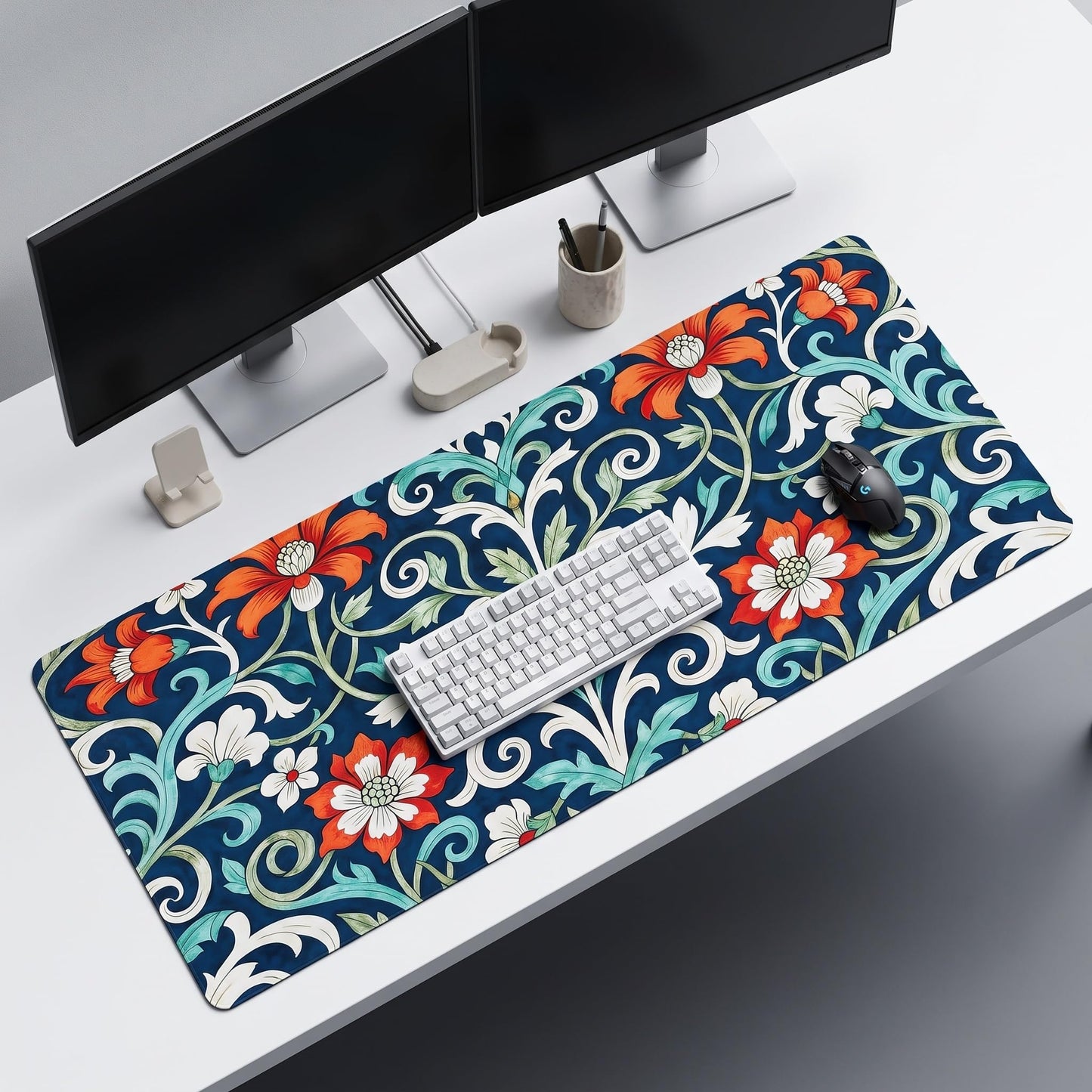 Gaming Mouse Pad, Large Floral Desk Mat 90 X 40CM (35.4”x15.7”), Vintage Flower Extended Gaming
