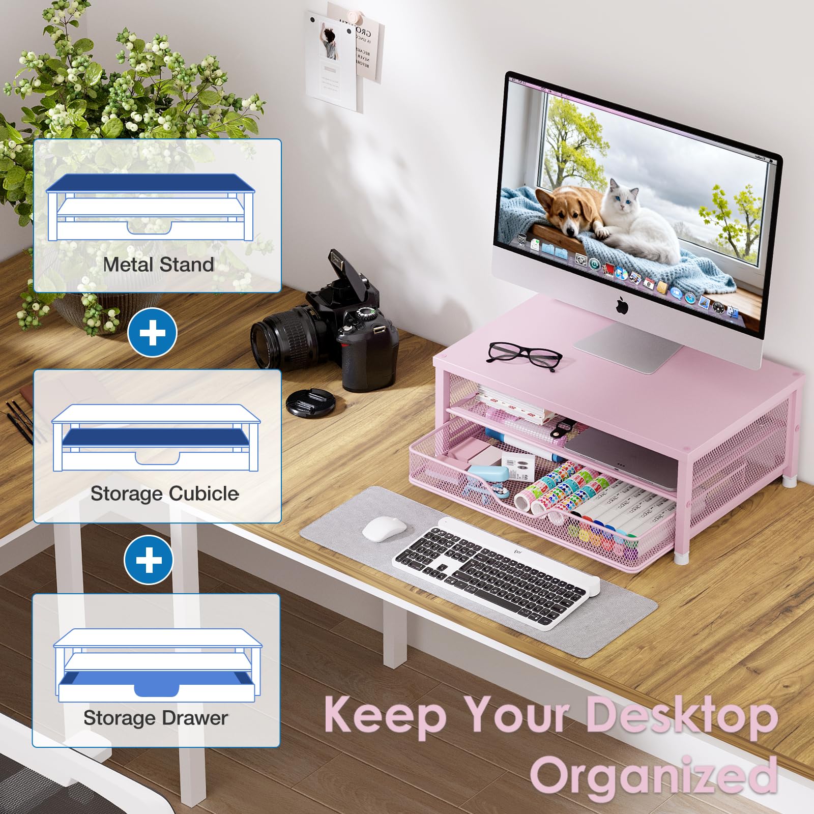 OPNICE Computer Monitor Stand Riser, Desk Organizer with Drawer, Printer & Laptop Stand, Office