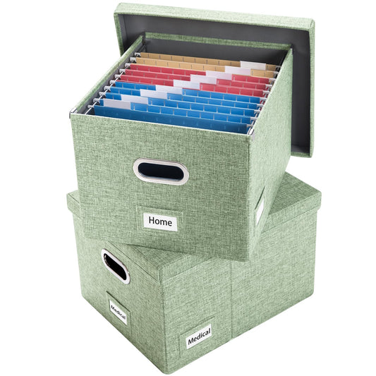 PRANDOM File Organizer Box - Set of 2 Collapsible Decorative Linen Filing Storage Hanging File