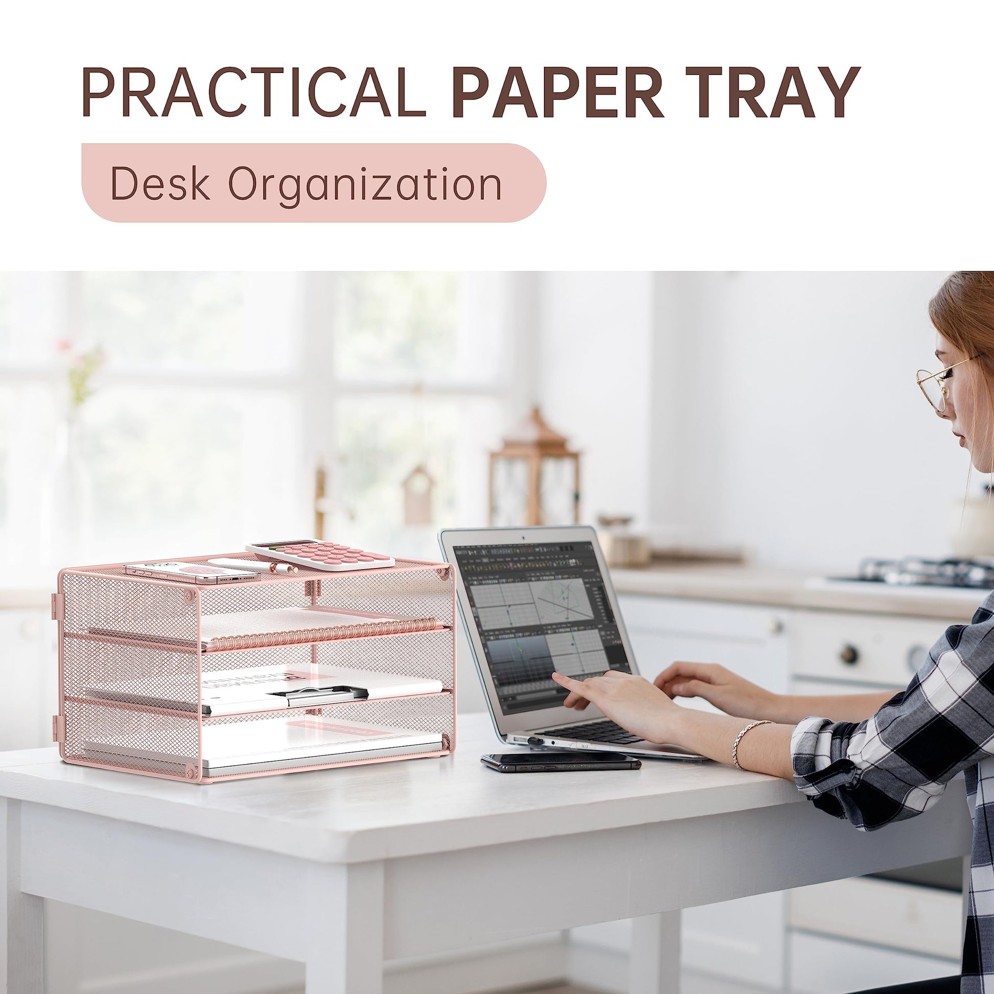 DALTACK 3 Tier Letter Tray Paper Organizer with Sliding Mesh Trays Pink