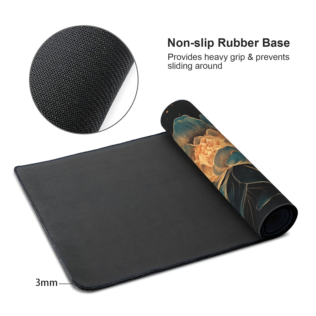 Floral Aesthetic Lotus Gaming Mouse Pad, Black Gold Chinoiserie Desk Mat with Anti-Slip Base &