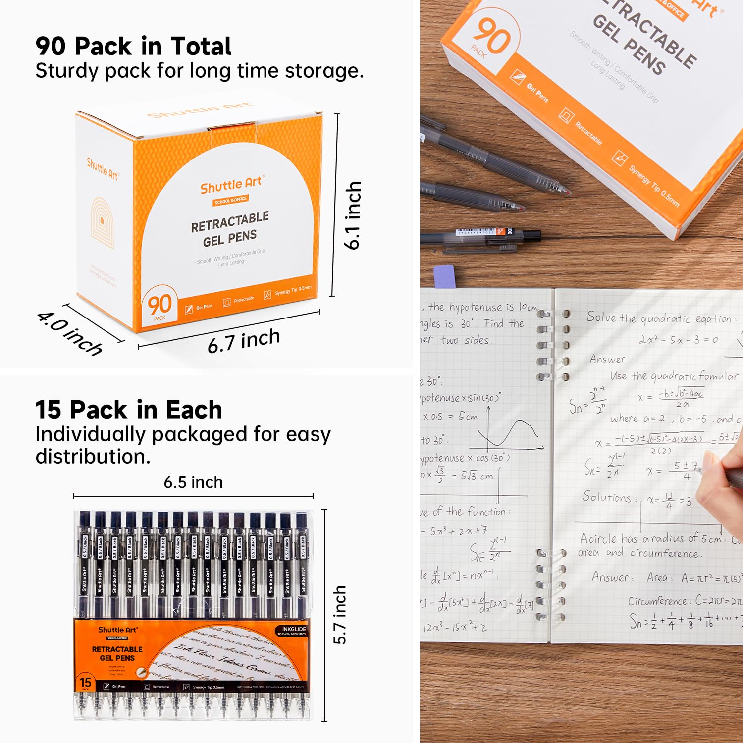 Shuttle Art Black Gel Pens, Ink Glide Series 90 Pack Retractable 0.5mm Fine Point Rollerball Gel
