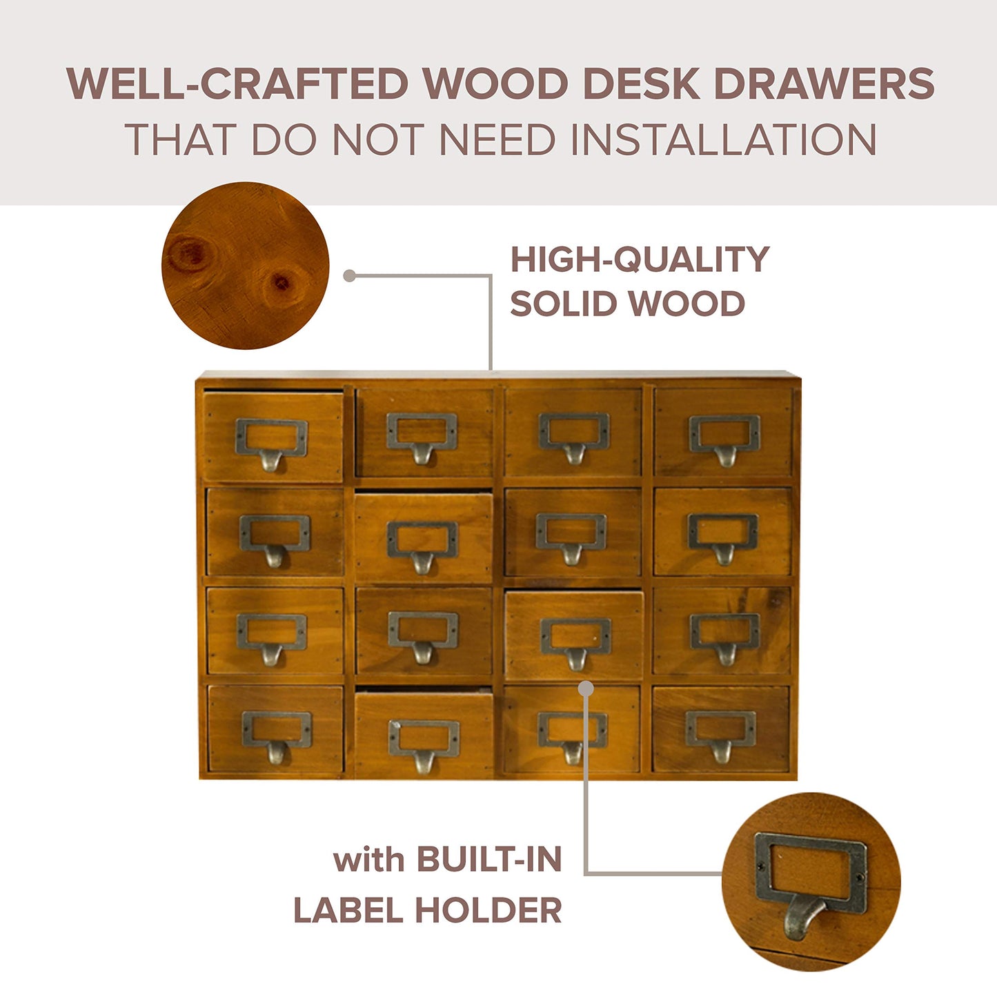 Card Catalog Desk Drawer Organizer - Wooden Storage Box with 16 Drawers - Home Office Desk