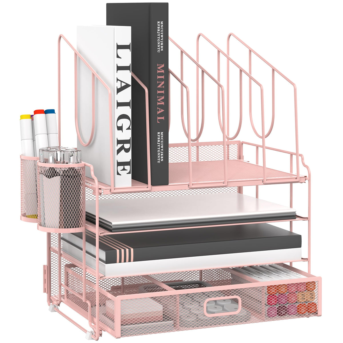 DALTACK 4-Tier Mesh Desk Organizer with Drawer, Desktop Organizer with 5 Vertical File Holders and