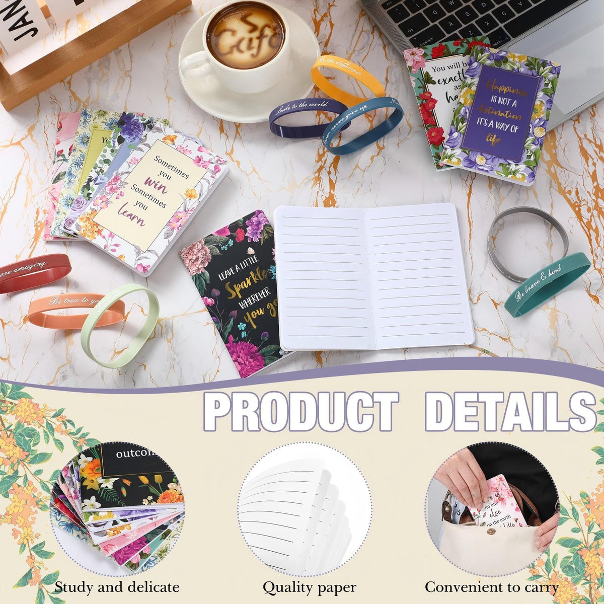 PerKoop 64 Pcs Inspirational Gift Bulk Notebooks Ballpoint Pen, Floral