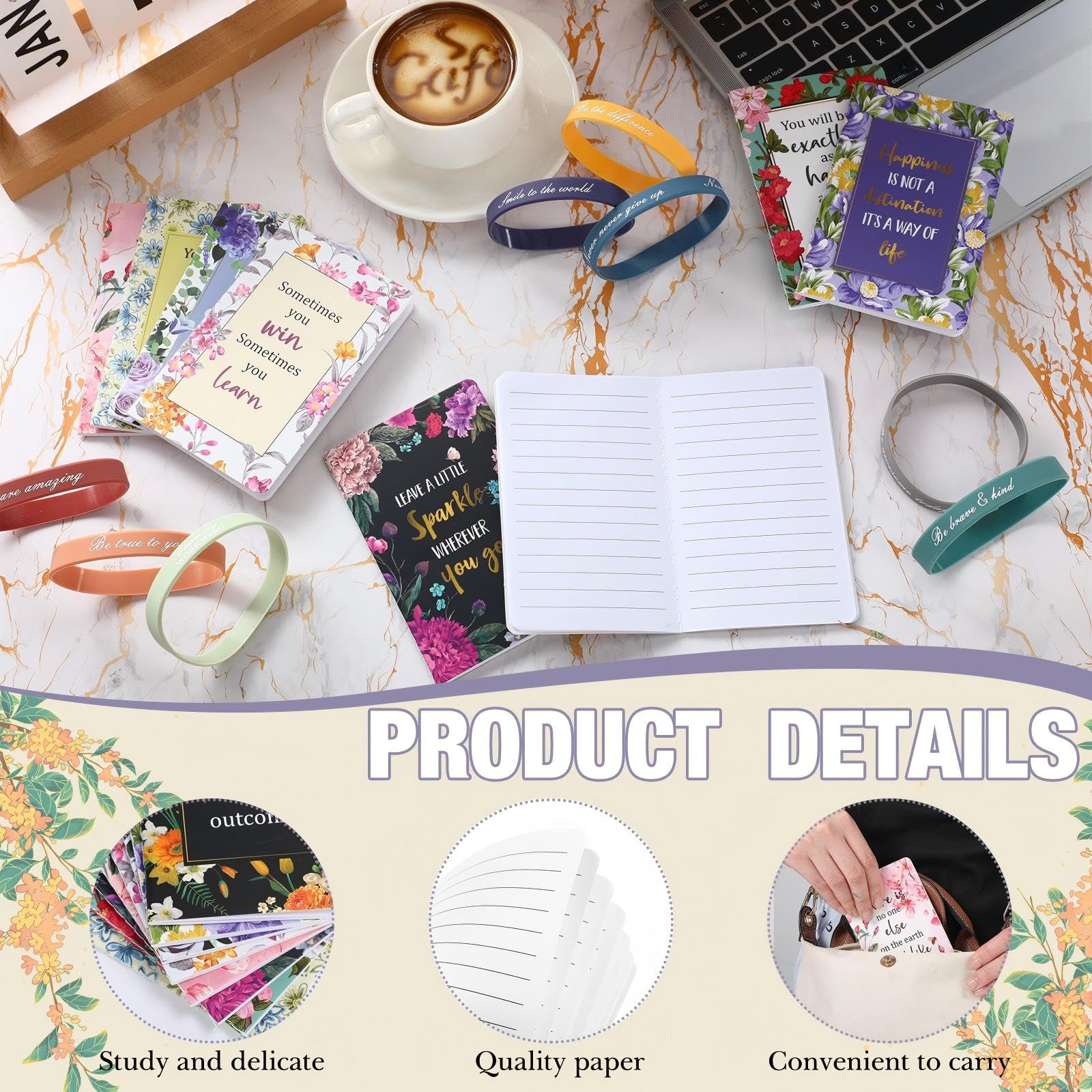 PerKoop 64 Pcs Inspirational Gift Bulk Notebooks Ballpoint Pen, Floral