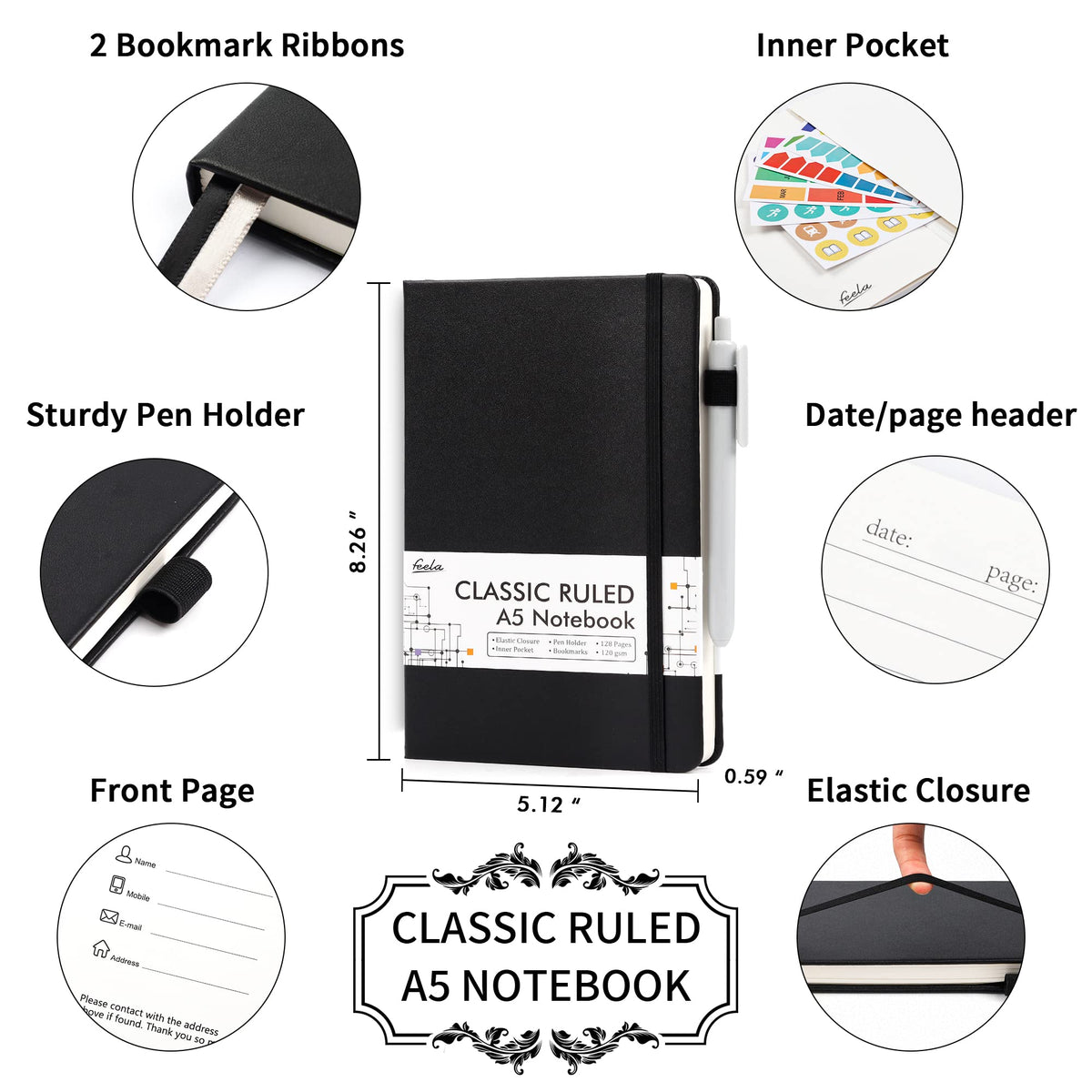 5 Pack Journal Notebook Bulk for School, Feela Hardcover Business Notebooks Classic Ruled Lined