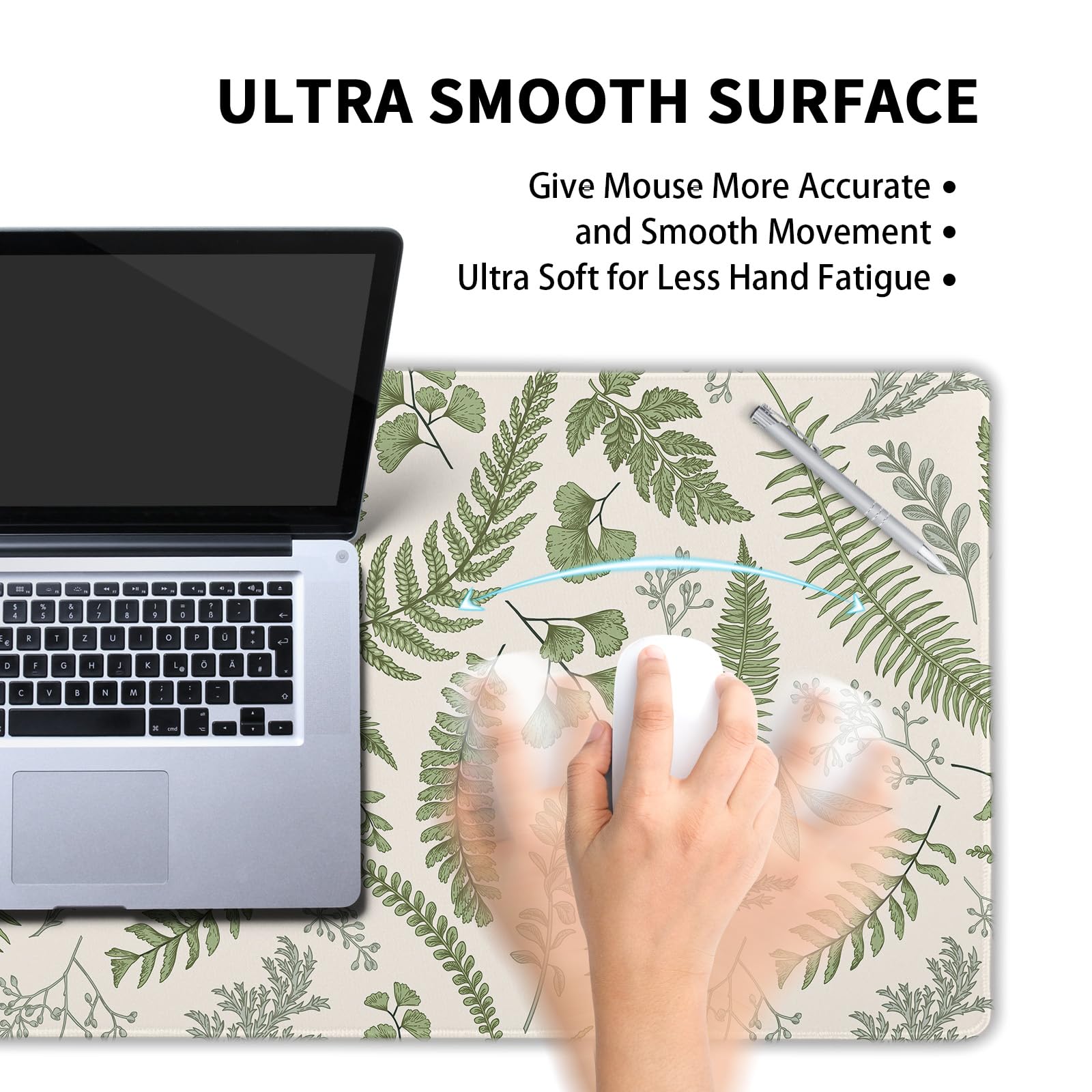 White Green Plant Flowers Mouse Pad XXL Tropical Fern Botanical Leaves Extended Desk Mat 90X40cm