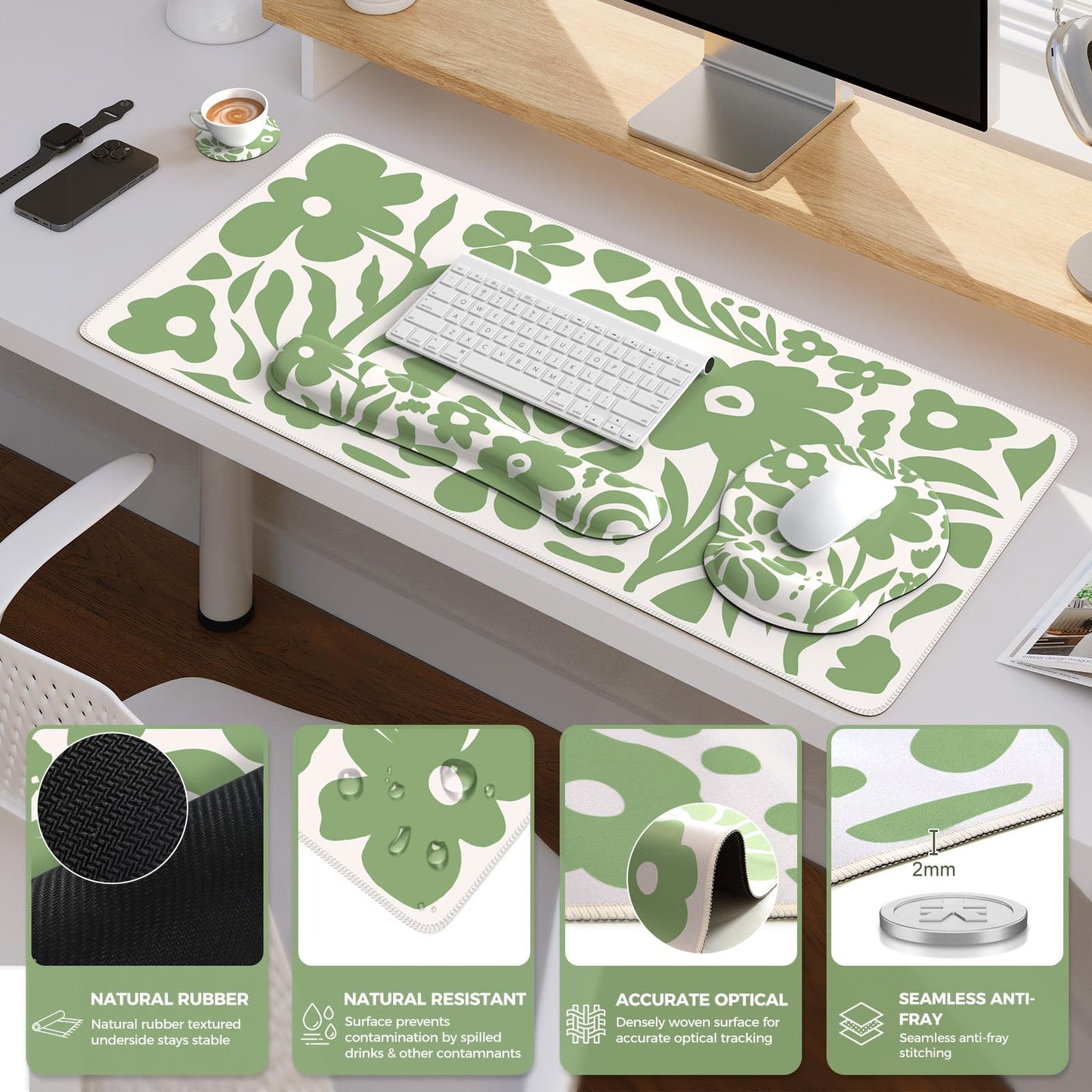 iCasso Desk Cover Mat, 4in1 Floral Large Mouse Pad with Wrist Rest
