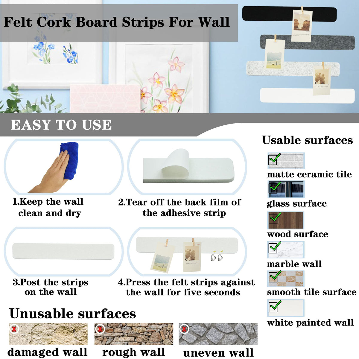 YOUDEFUL 8Pcs Bulletin Board Strip, Felt Cork Board with 50 Pushpins