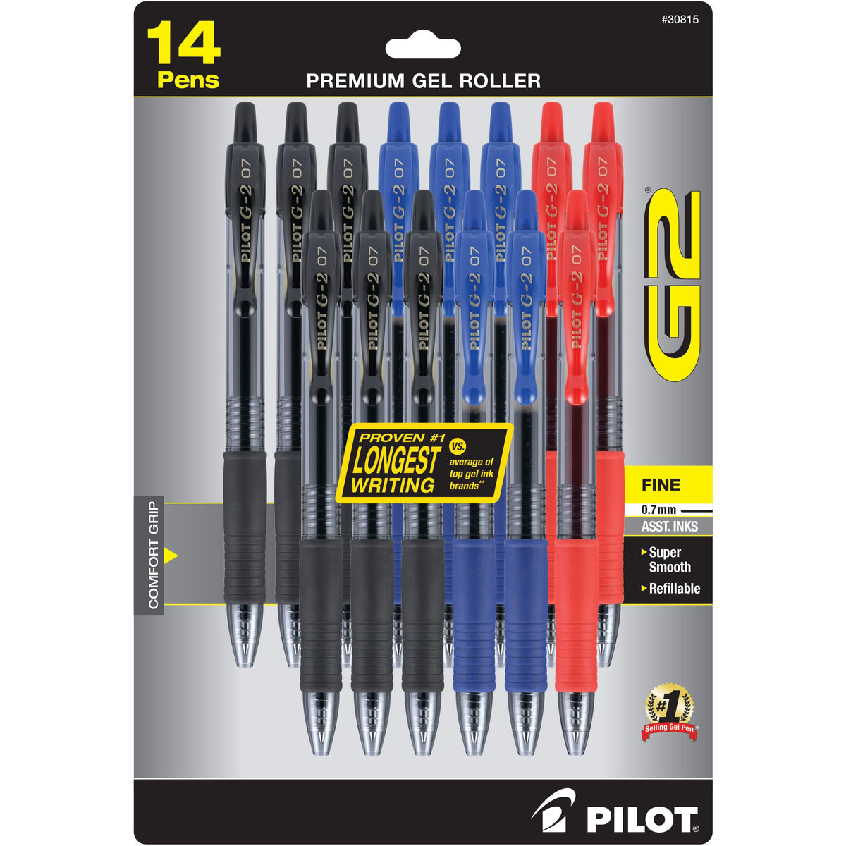 PILOT G2 Premium Gel Roller Pens, 1 mm, Pack of 14, Black, Blue, Red