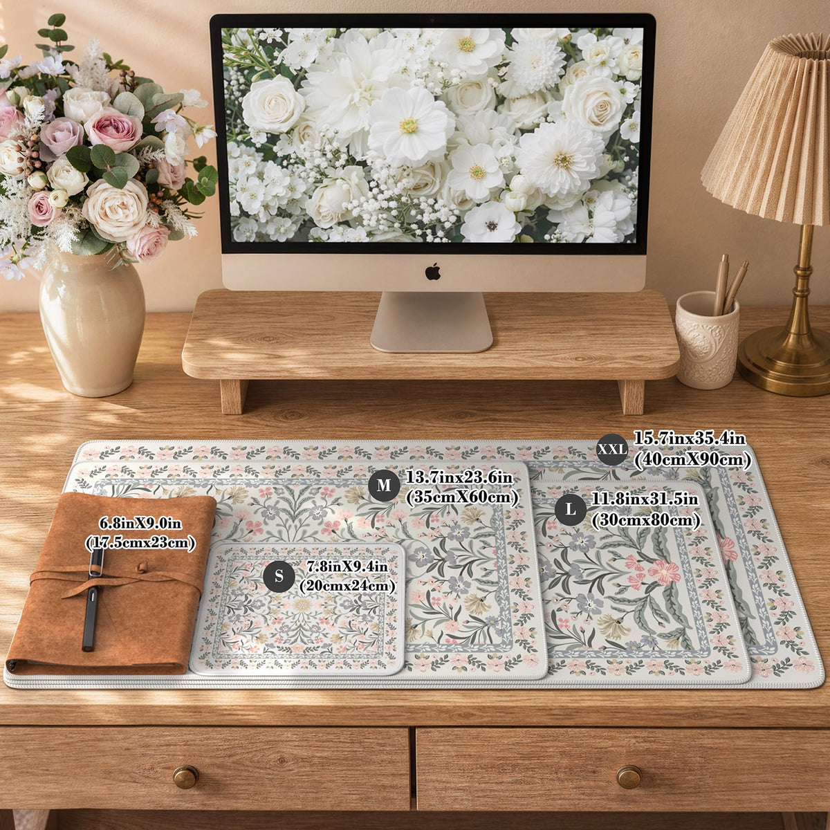 iCasso Aesthetic Desk Mat,31.5x11.8in Mouse Pads, Gray Floral
