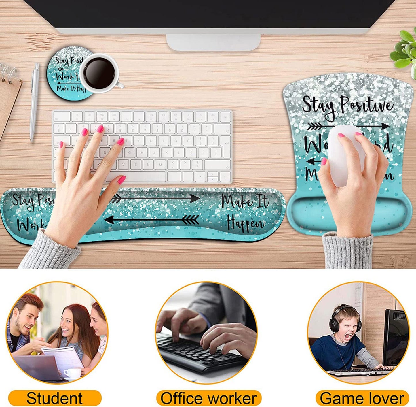 Keyboard Wrist Rest and Mouse Pad Wrist Support Set,Stay Positive Work Hard and Make It Happen Blue