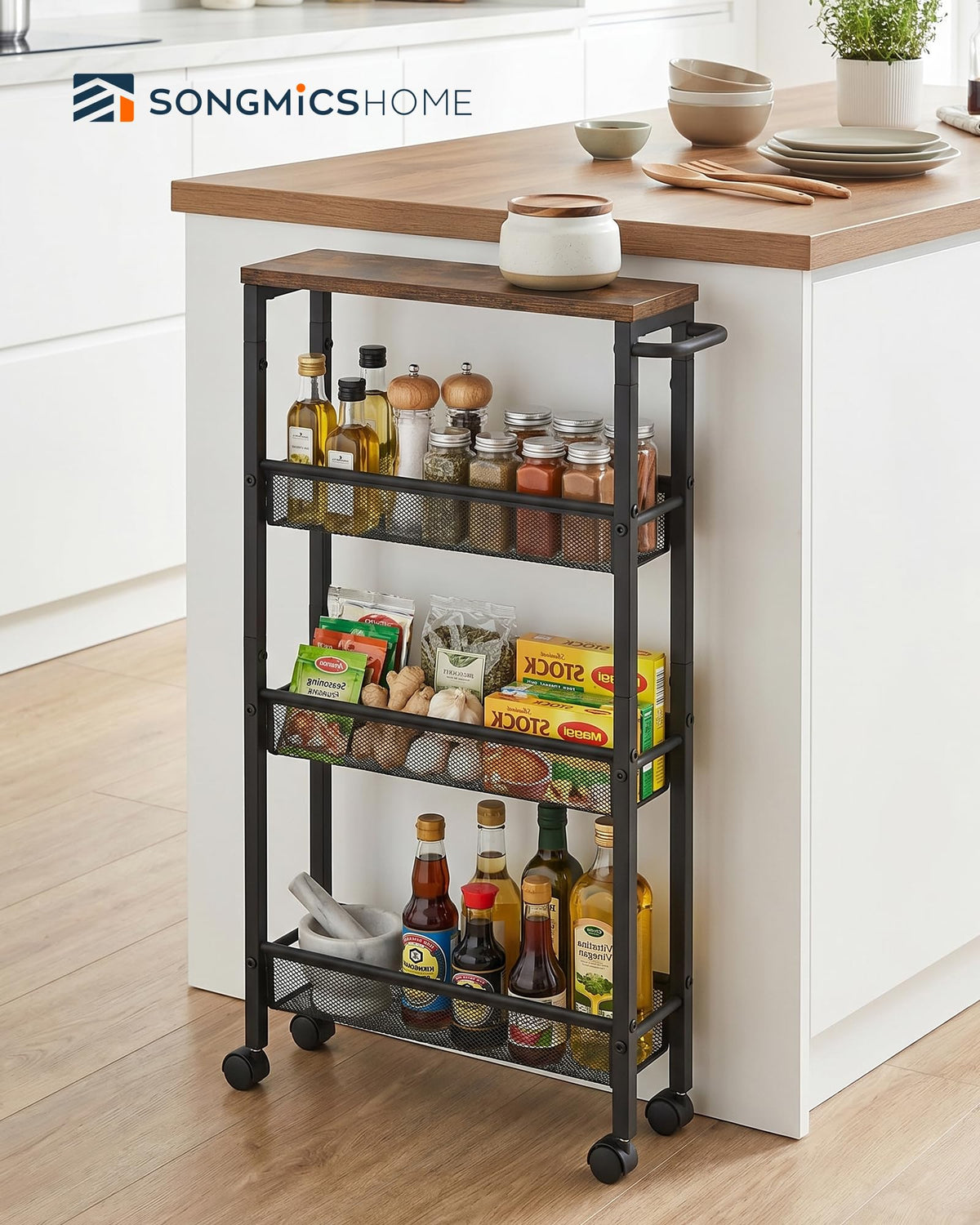 SONGMICS HOME Slim Rolling Cart, 4-Tier Storage Cart with Wheels and Handle, Narrow Utility Cart