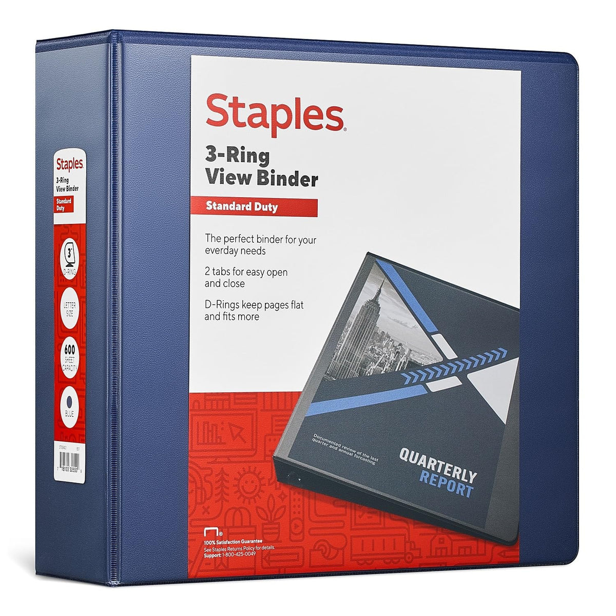 Staples Standard 3-Inch 3-Ring View Binder, Blue, 600 Sheets