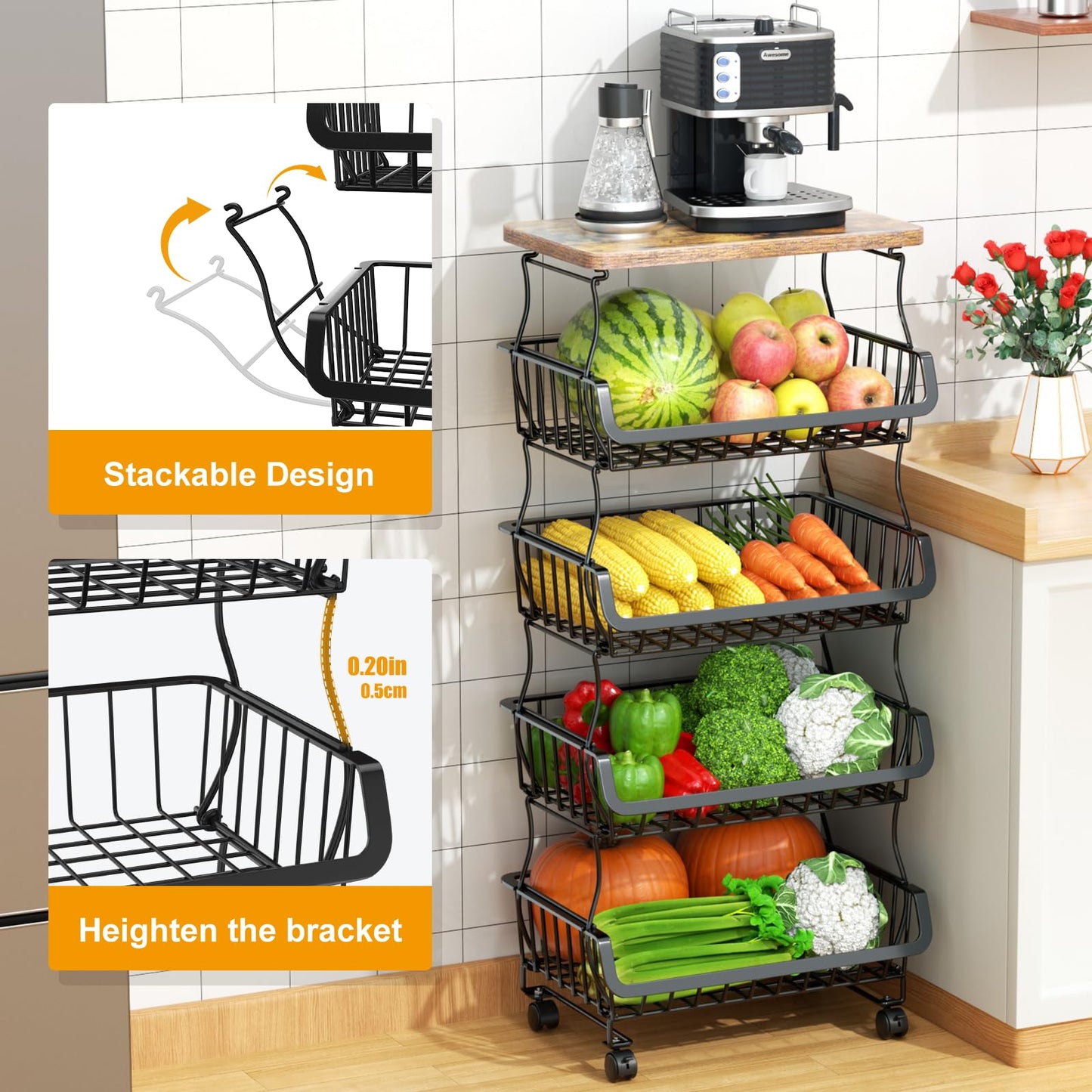 Gsiekare 5 Tier Fruit and Vegetable Basket for Kitchen with Wheels
