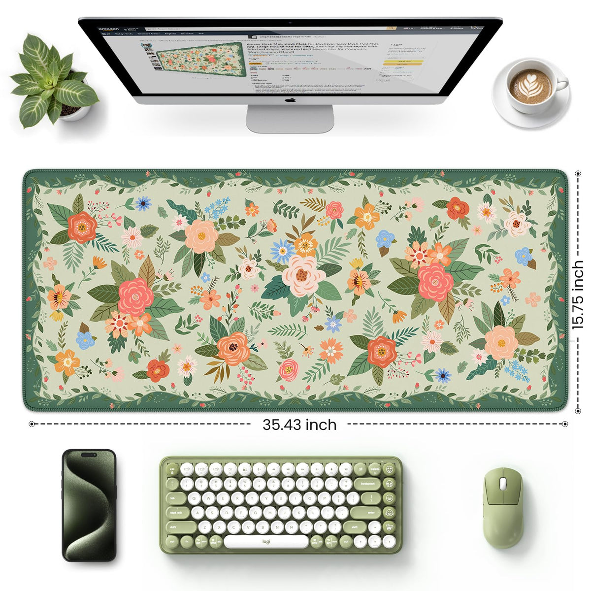HAOCOO Green Floral Keyboard Pad, 35.4" x 15.7" Computer Pad for Dorm Room