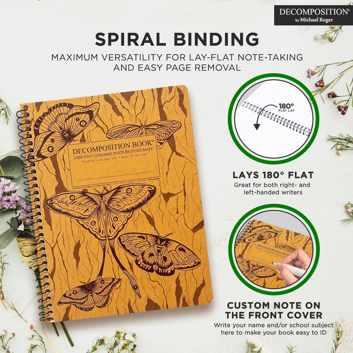 Decomposition Midnight Moths College Ruled Spiral Notebooks – 9.75 x 7.5 Journal with 160 Lined