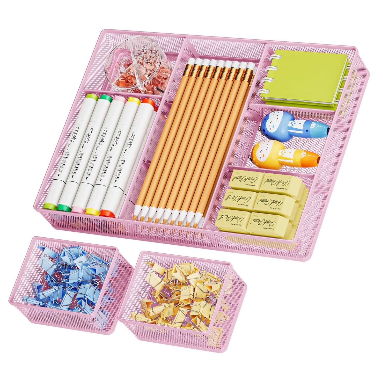 Marbrasse Mesh Desk Drawer Organizer Tray 3 Packs, Pink