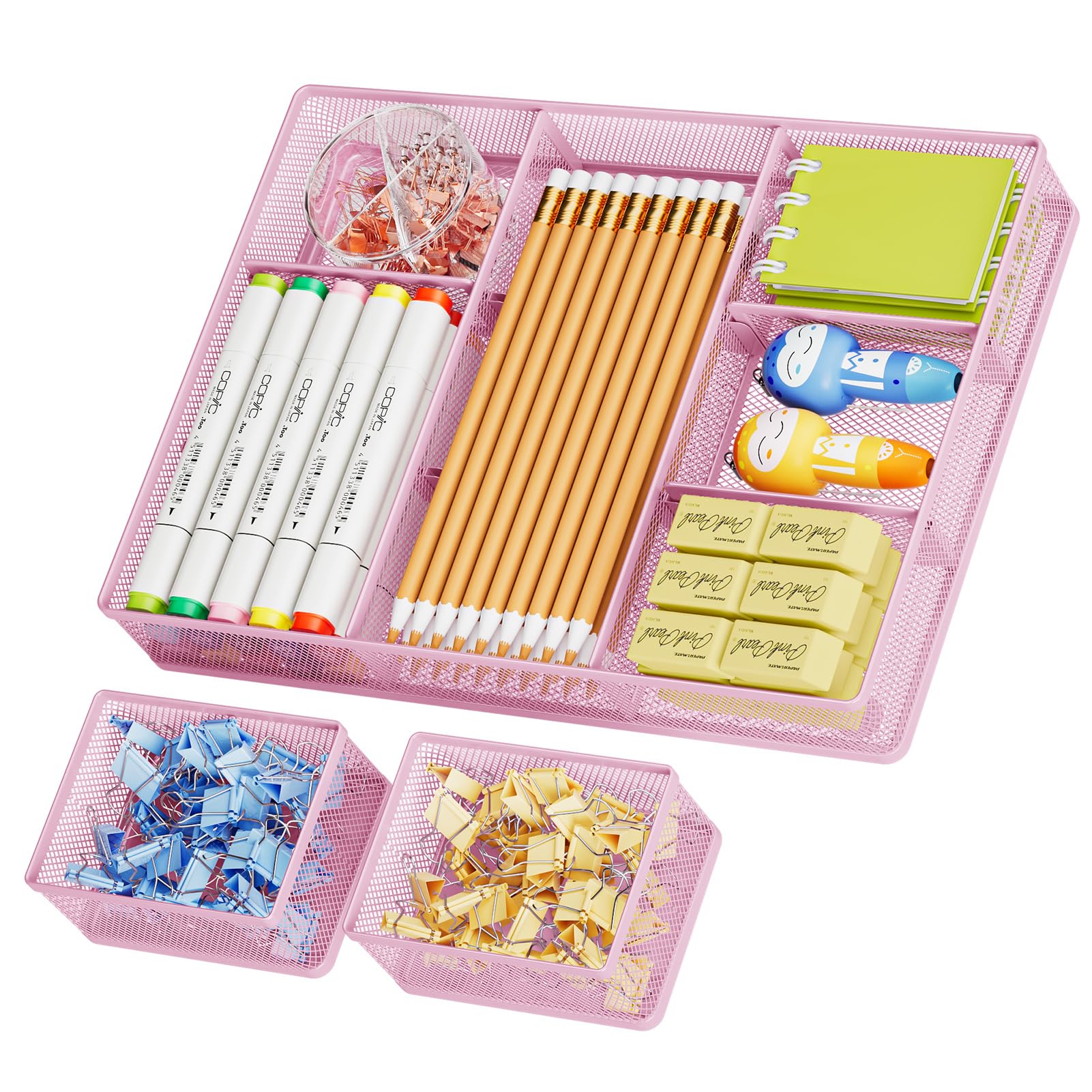 Marbrasse Mesh Desk Drawer Organizer Tray 3 Packs, Pink