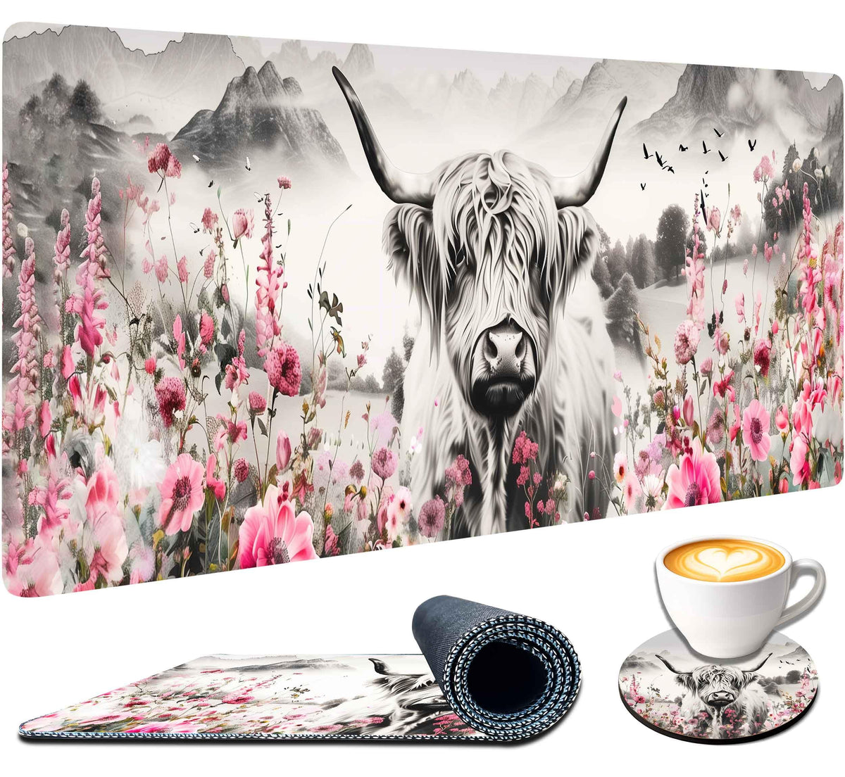 Highland Cow Mouse Pad, Extended Large Desk Pad with Stitched Edges 31.5 x 11.8 Mousepad Desk Mat