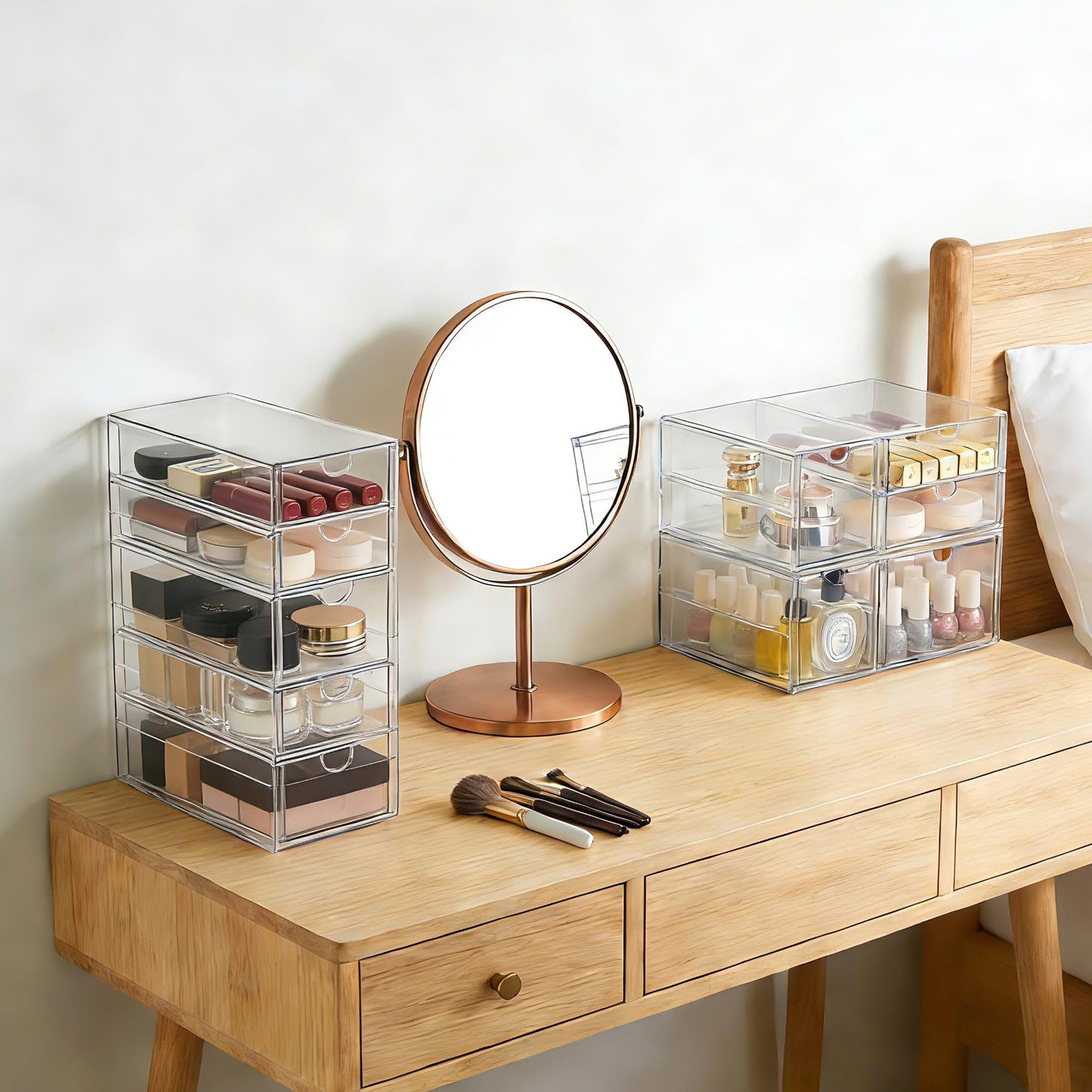 Prsildan Acrylic Drawer Makeup Organizer with 9 Drawers, Set of 3 Office Desk Organizers