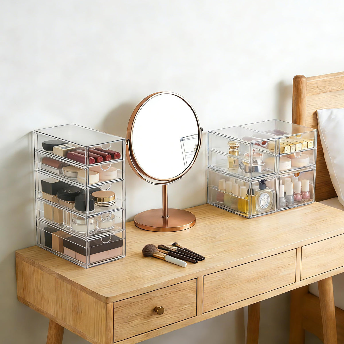 Prsildan Acrylic Drawer Makeup Organizer with 9 Drawers, Set of 3 Office Desk Organizers