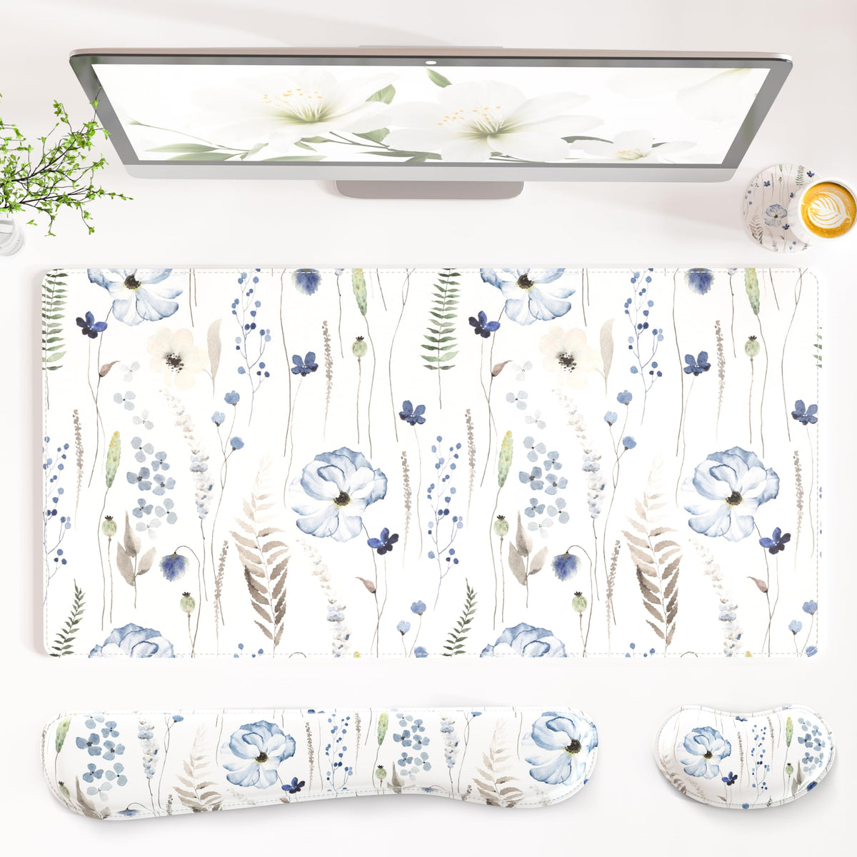 QiyI PU Leather Desk Mat Set, 4-in-1 Ergonomic Wrist Rest, Wildflowers