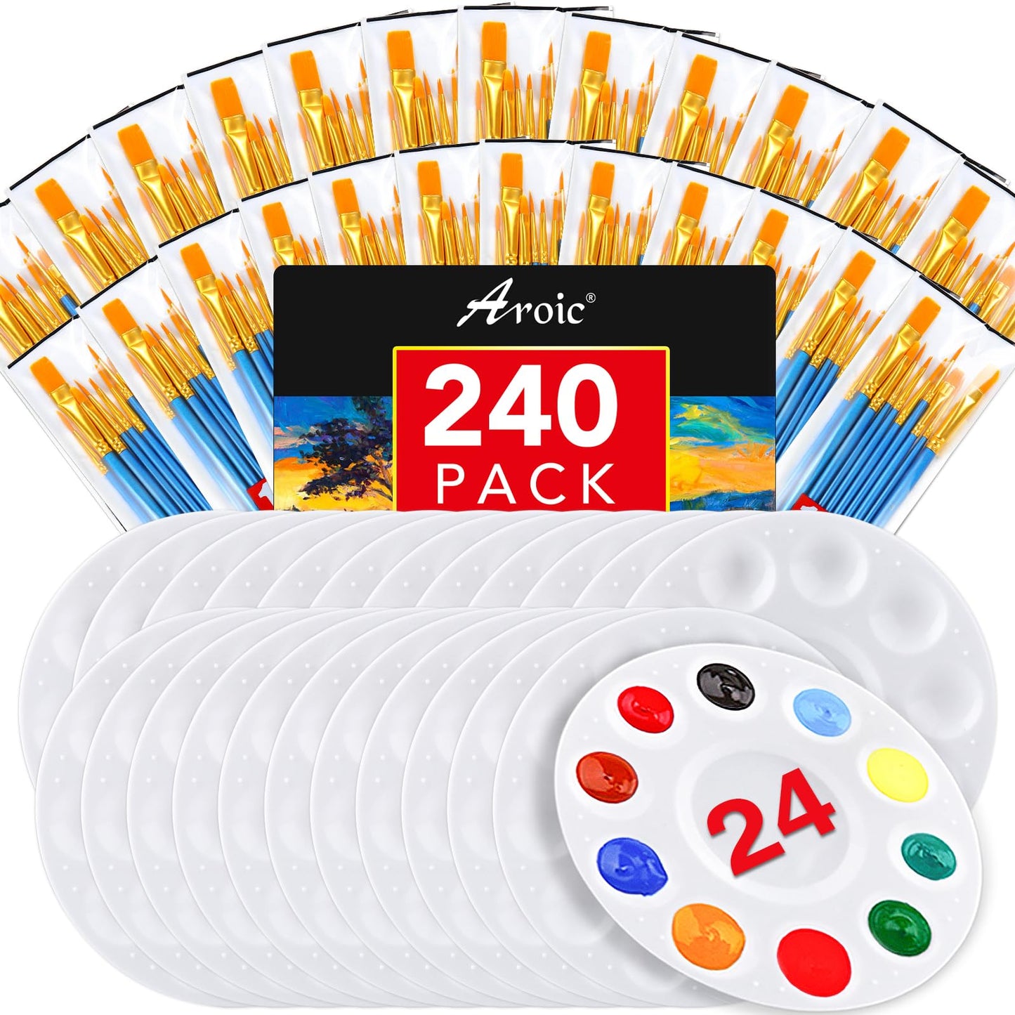 AROIC Paint Brush Palette Set,24 Pack/240Pcs Brushes and 24 Tray Palettes