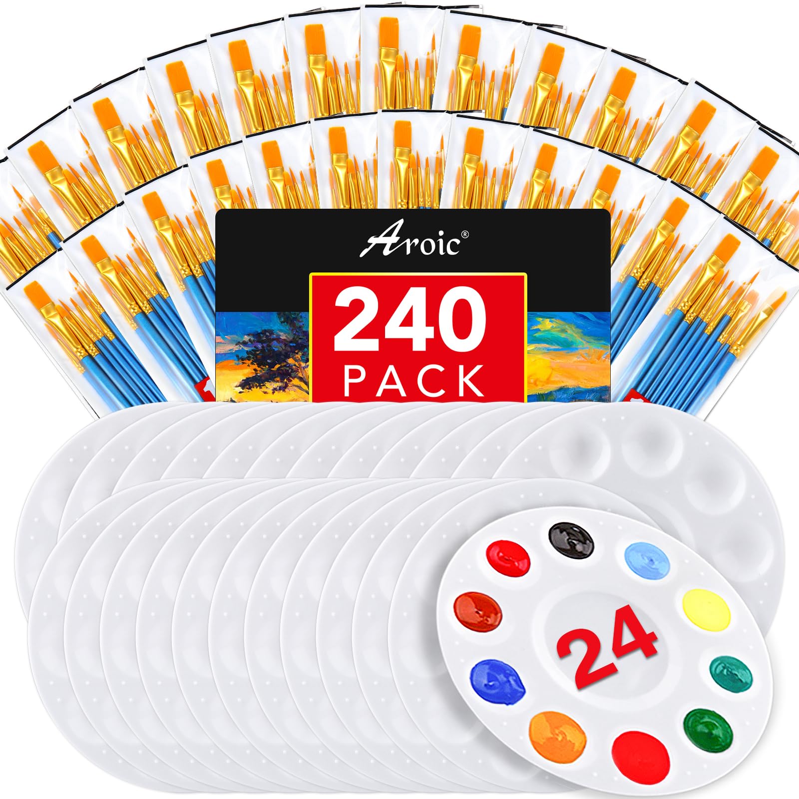 AROIC Paint Brush Palette Set,24 Pack/240Pcs Brushes and 24 Tray Palettes