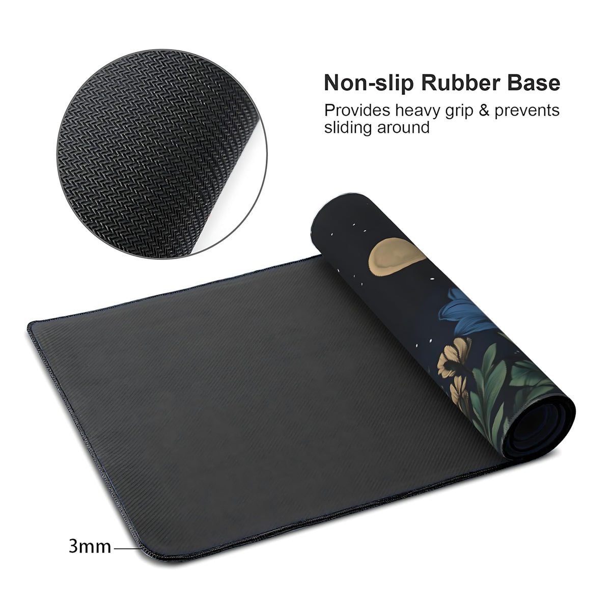 Floral Aesthetic Cosmos Gaming Mouse Pad, Black Blue Vintage Botanical Desk Mat with Anti-Slip Base