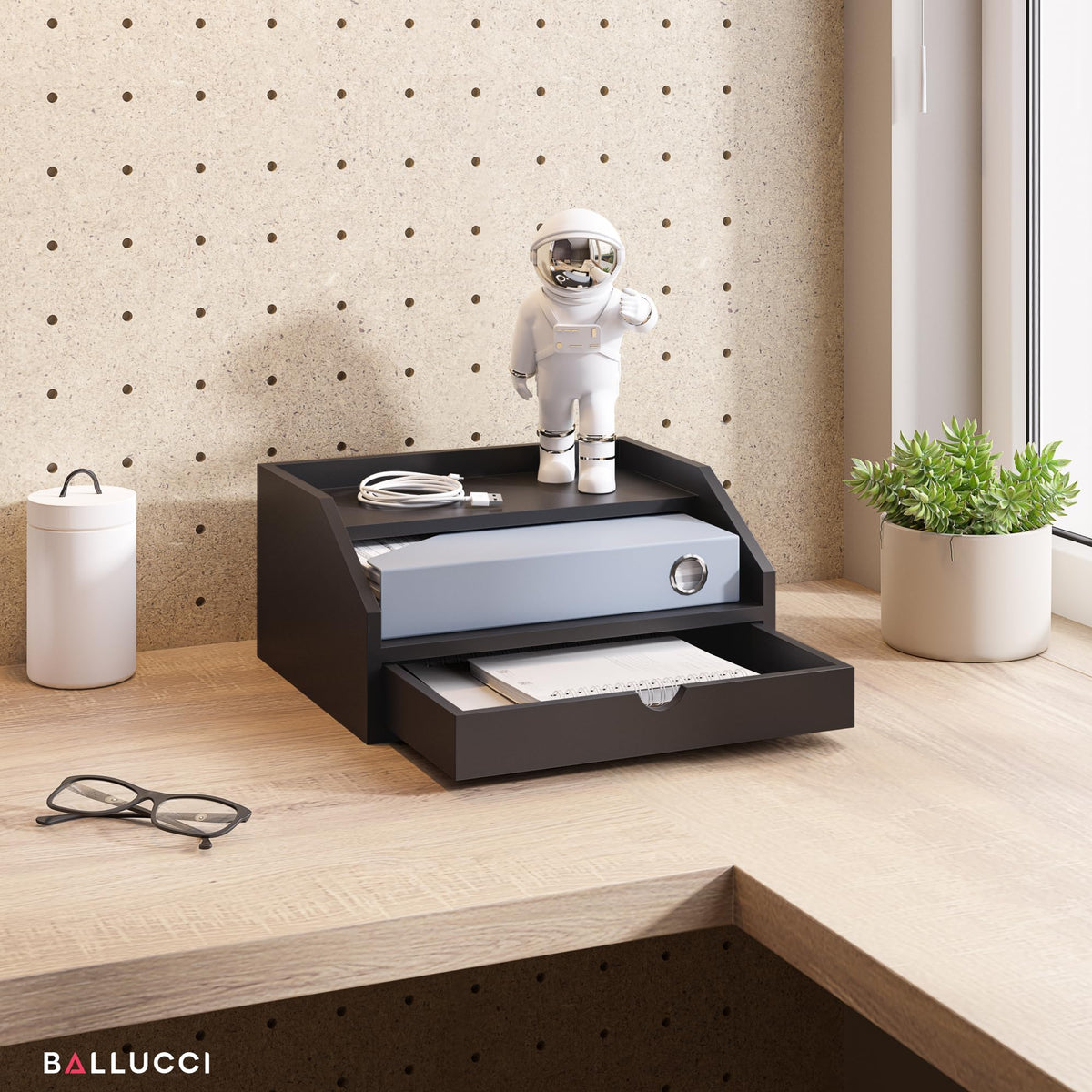 Ballucci Desk Organizer with Drawer, 2 Tier Paper Office Supplies Desk Organizer, 13 2/5" x 9 3/5"