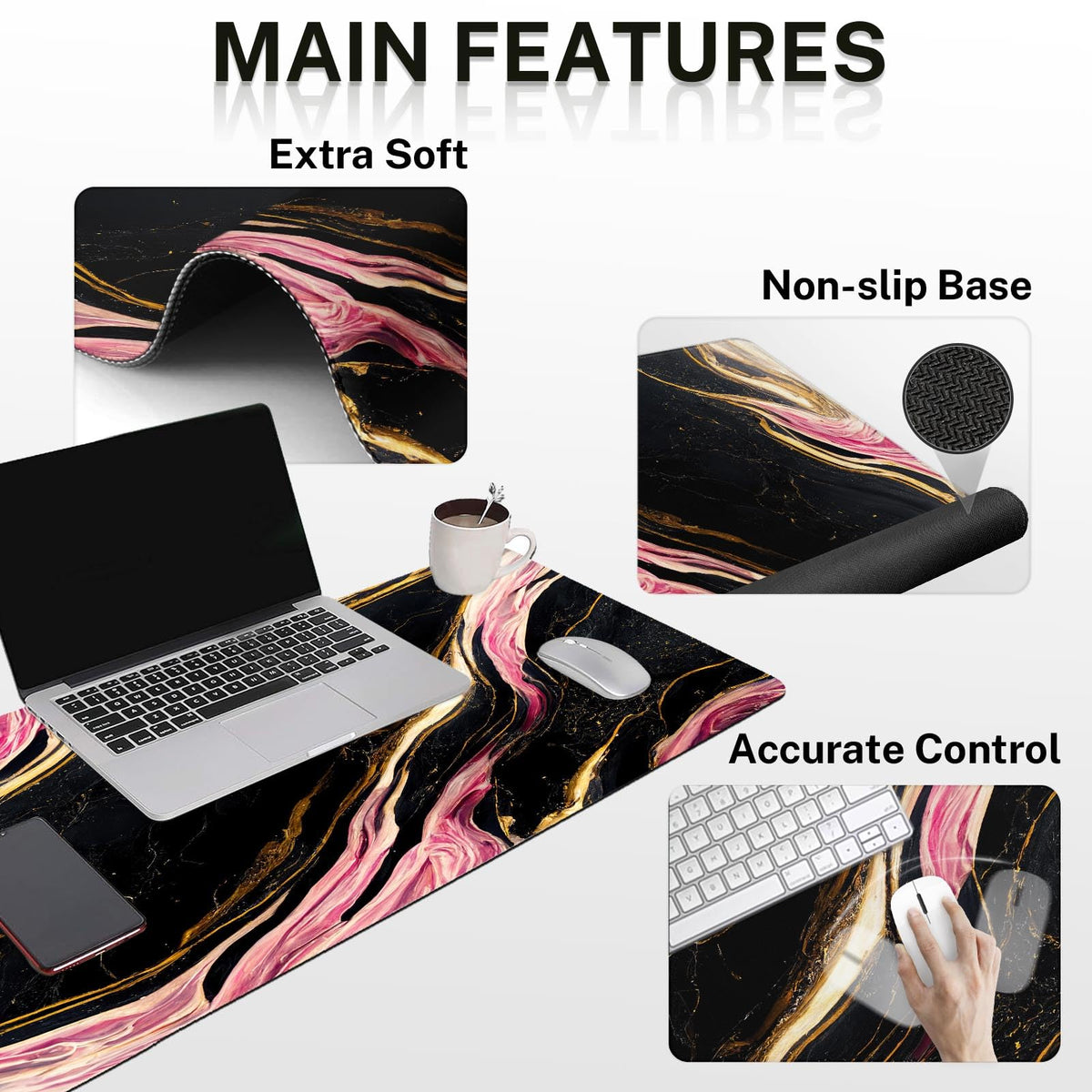 Britimes Keyboard Mouse Pad Set, 4 in 1 Desk Mat Set, Pink Black Marble