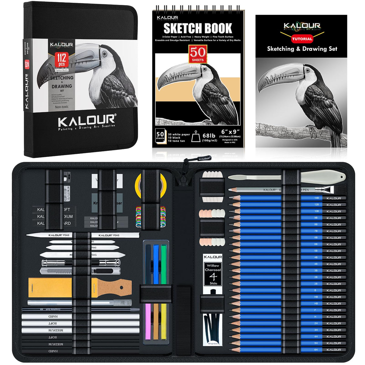 KALOUR PDAS 112 Drawing Set Sketch Kit, Pro Art Supplies with 3-Color Sketchbook, Graphite