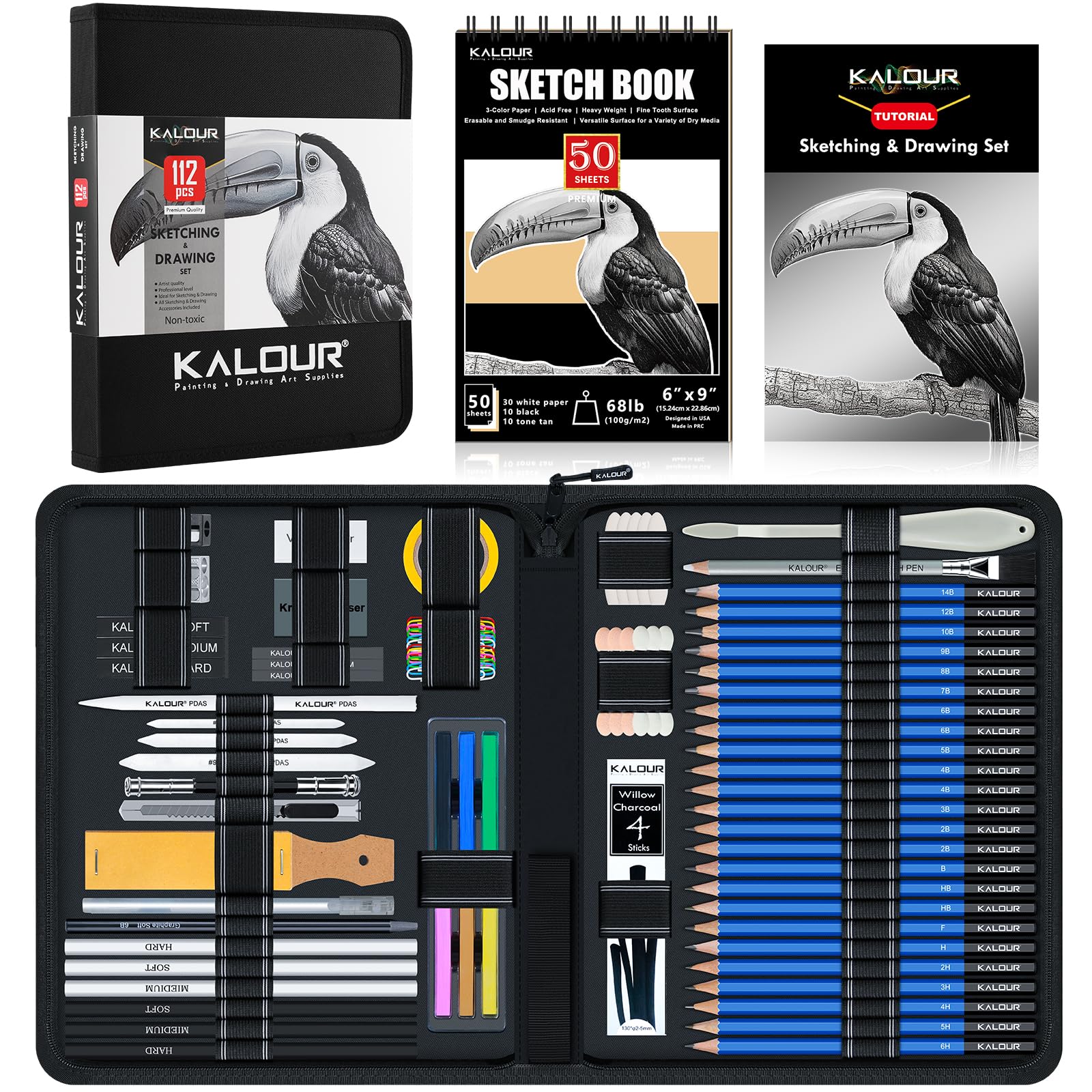 KALOUR PDAS 112 Drawing Set Sketch Kit, Pro Art Supplies with 3-Color Sketchbook, Graphite