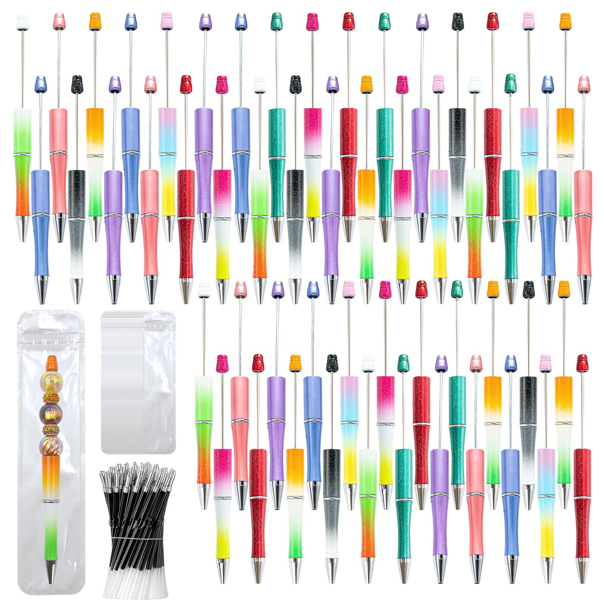 DASTTUIS 300 Pieces DIY Beadable Pen Kit – 100 Plastic Ballpoint Pens with Refills & Bags – School