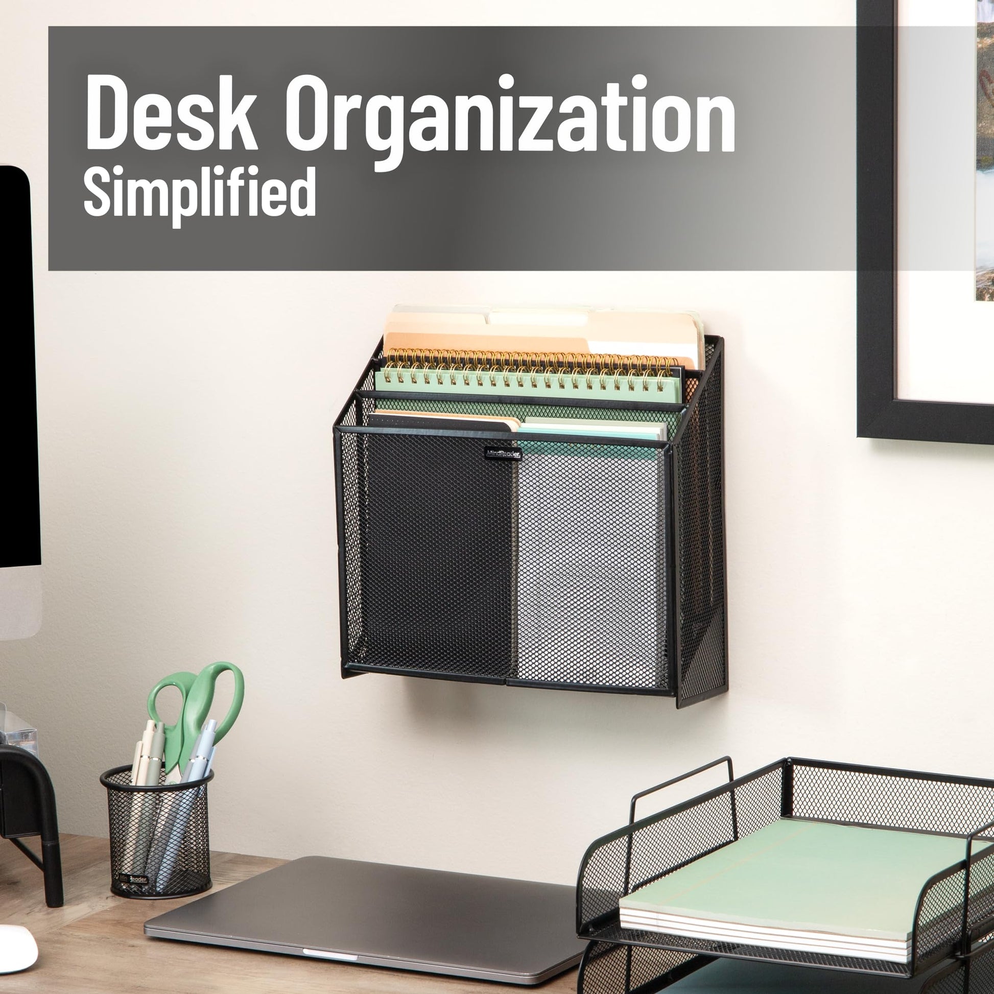 Mind Reader Vertical File Storage, Desktop Organizer, Wall Mount, Office, Metal Mesh, Black