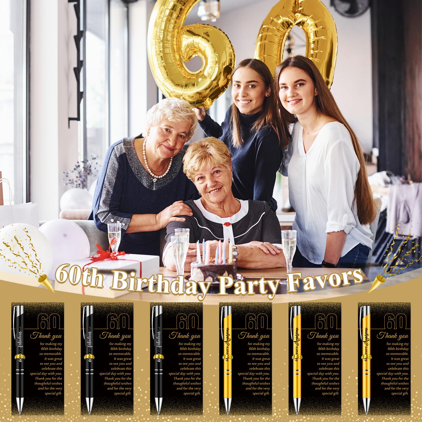 Feifeiya 60th Birthday Party Favors with Black Gold Pens Thank You Cards