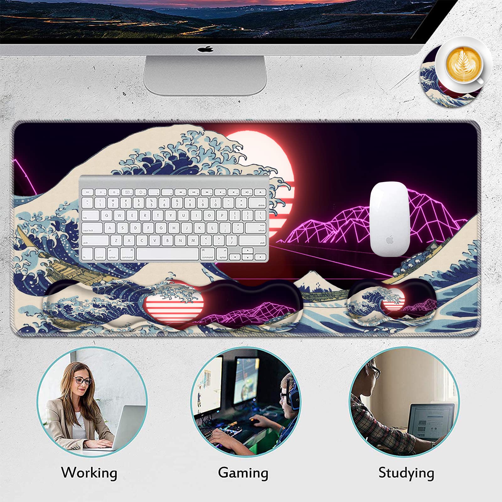 FGDRFGRW Mouse Pad Set,(31.5×11.8 in) Desk Pad + Keyboard Wrist Rest Support + Mouse Wrist Rest +