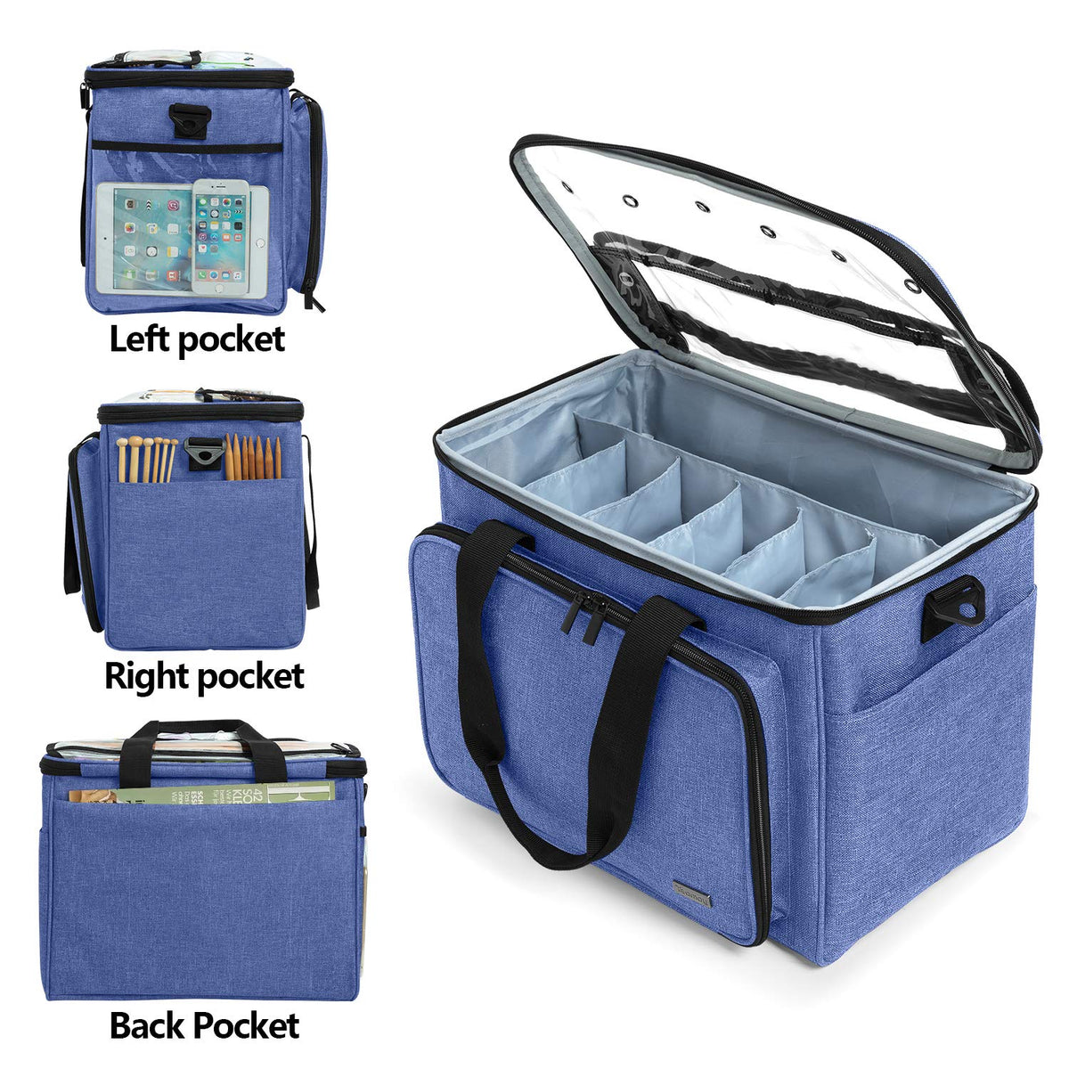 Teamoy Knitting Bag, Yarn Storage Organizer Crochet Bag Tote, Dark Blue